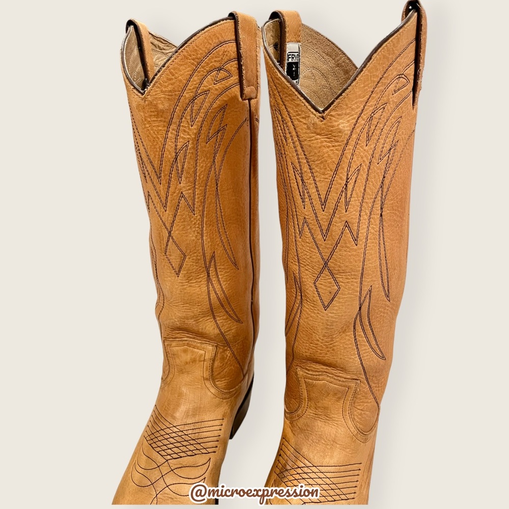 $399 Frye Billy Pull On Tan Leather Embroidered Tonal Stitch Tall Cowboy Boots - Picture 10 of 16